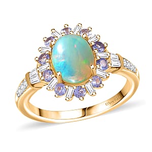 D'Joy Premium Ethiopian Welo Opal and Multi Gemstone 2.00 ctw Sunburst Ring in 18K Vermeil Yellow Gold Over Sterling Silver (Size 6.0)