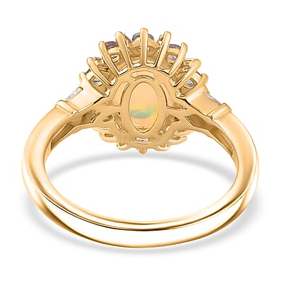 D'Joy Premium Ethiopian Welo Opal and Multi Gemstone 2.00 ctw Sunburst Ring in 18K Vermeil Yellow Gold Over Sterling Silver (Size 7.0)