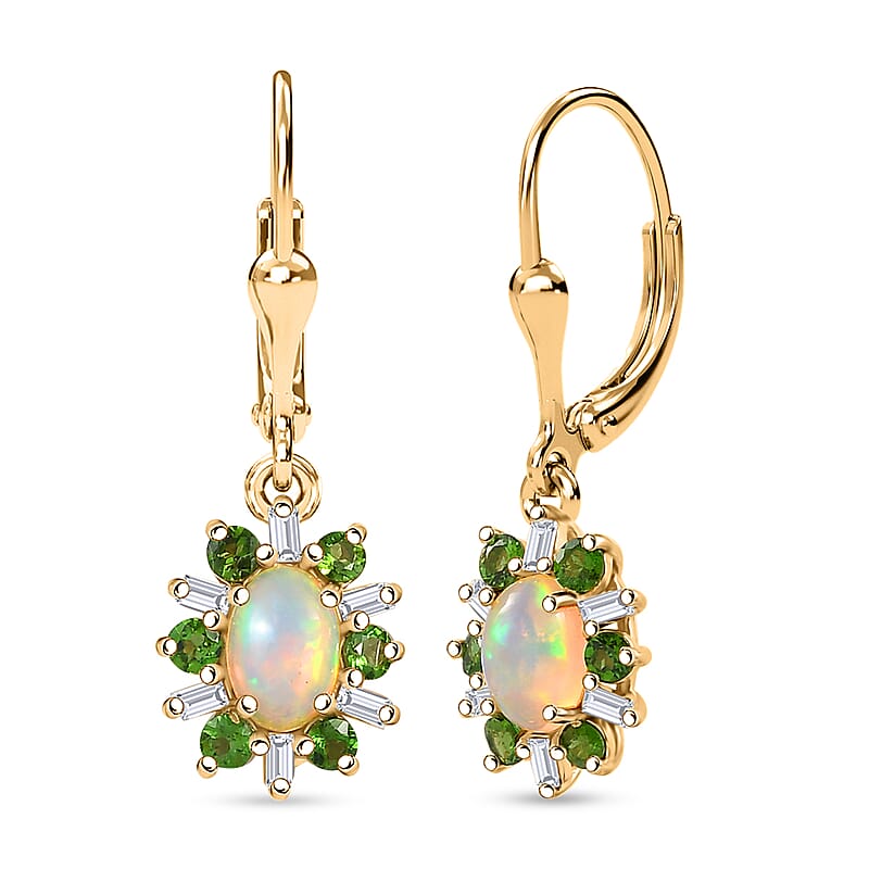 D'Joy Premium Ethiopian Welo Opal and Multi Gemstone 1.60 ctw Sunburst Lever Back Earrings in 18K Vermeil Yellow Gold Over Sterling Silver
