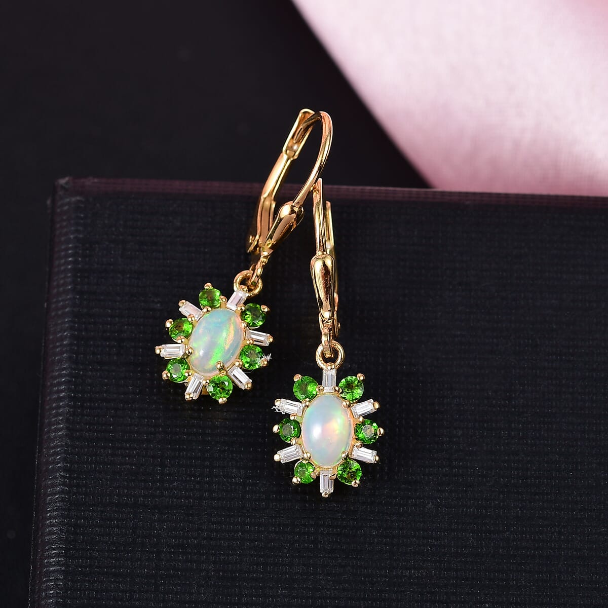 D'Joy Premium Ethiopian Welo Opal and Multi Gemstone 1.60 ctw Sunburst Lever Back Earrings in 18K Vermeil Yellow Gold Over Sterling Silver image number 1