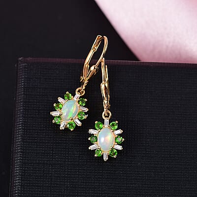 D'Joy Premium Ethiopian Welo Opal and Multi Gemstone 1.60 ctw Sunburst Lever Back Earrings in 18K Vermeil Yellow Gold Over Sterling Silver