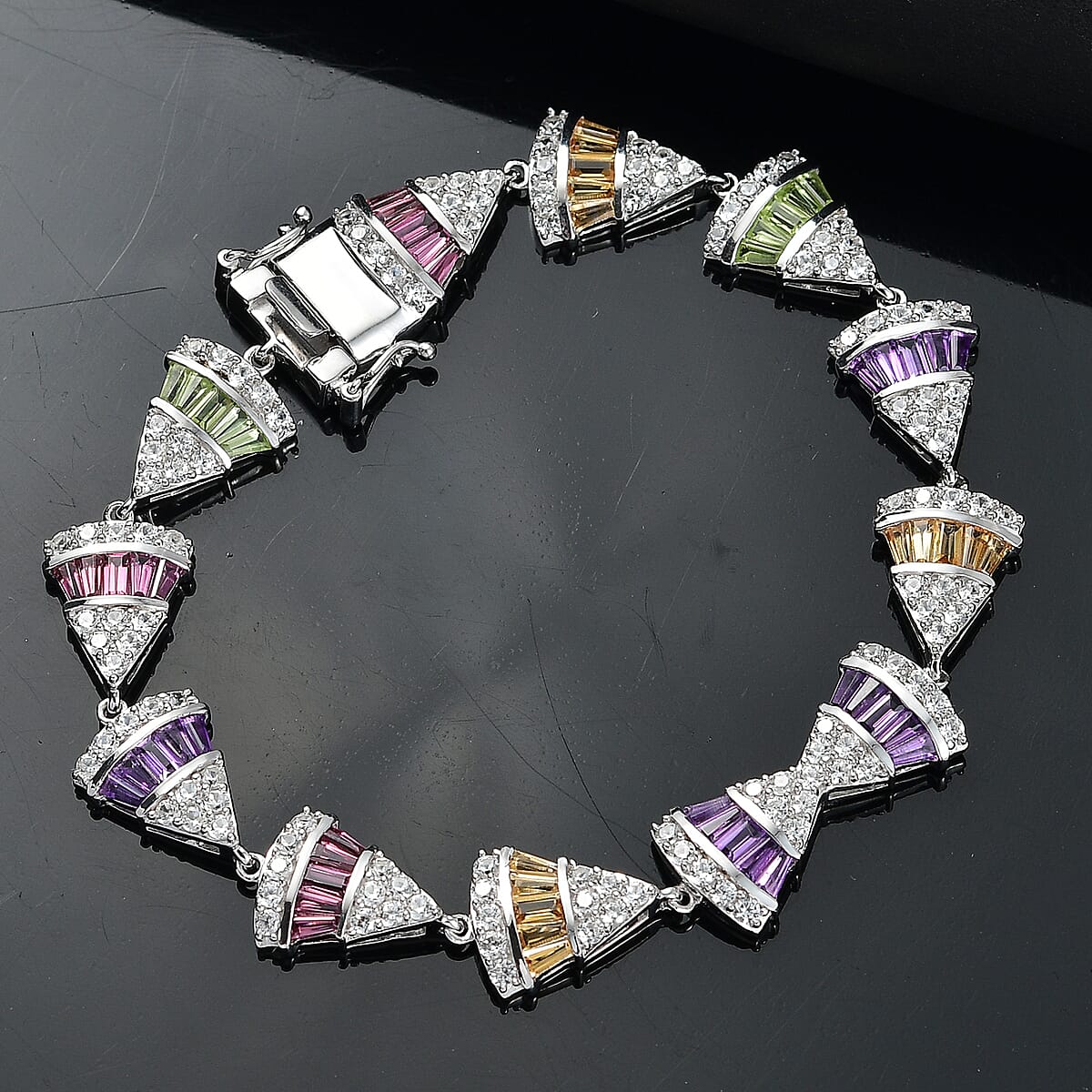 GP Royal Art Deco Collection Premium Orissa Rhodolite Garnet and Multi Gemstones 9.90 ctw Bracelet in Rhodium Over Sterling Silver (6.50 In) image number 1