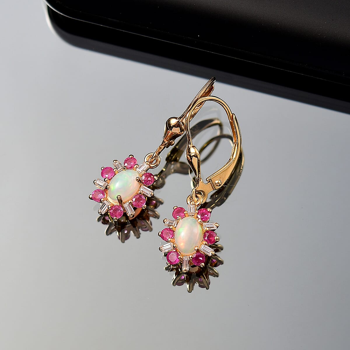 D'Joy Premium Ethiopian Welo Opal and Multi Gemstone 1.60 ctw Sunburst Lever Back Earrings in 18K Vermeil Yellow Gold Over Sterling Silver image number 1