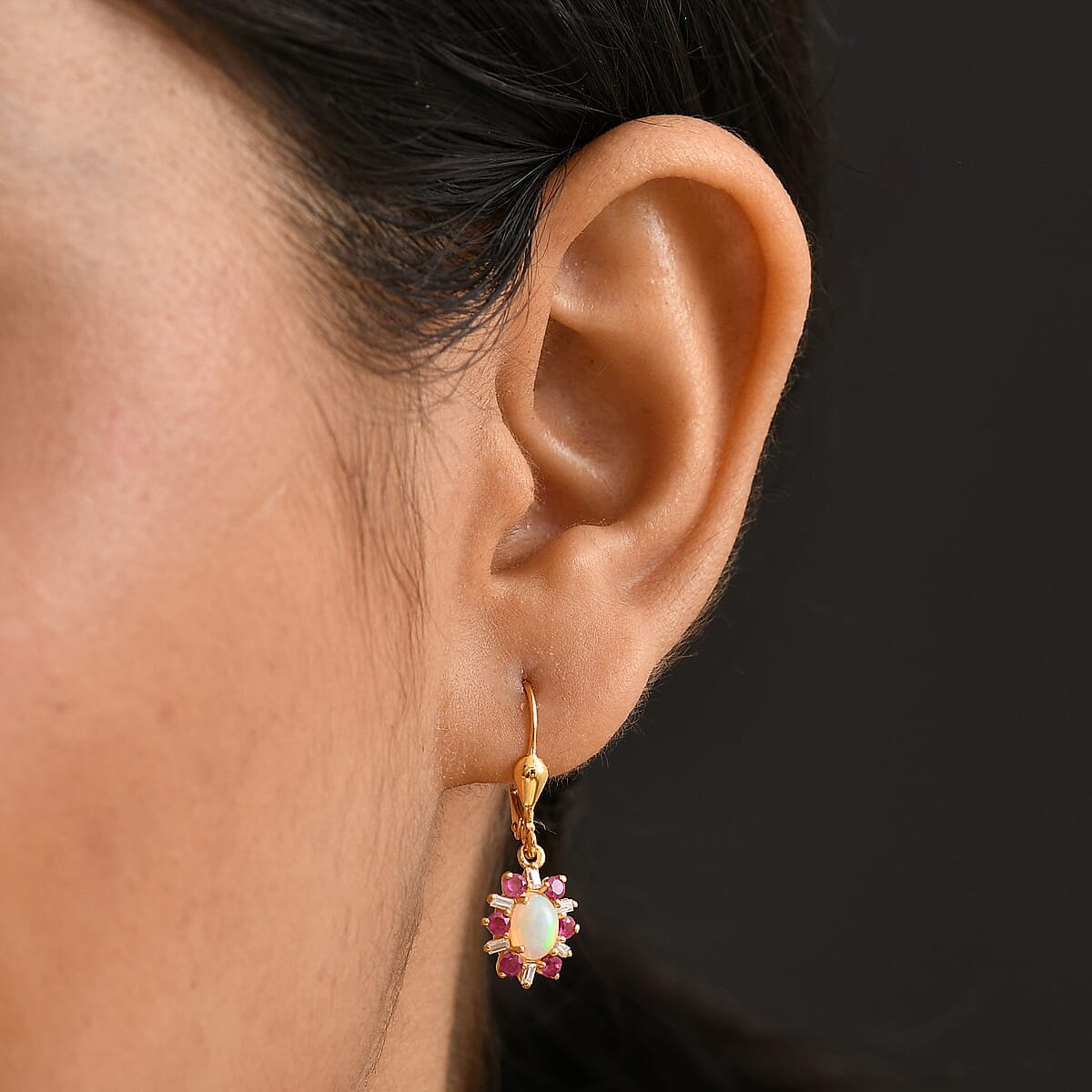 D'Joy Premium Ethiopian Welo Opal and Multi Gemstone 1.60 ctw Sunburst Lever Back Earrings in 18K Vermeil Yellow Gold Over Sterling Silver image number 2