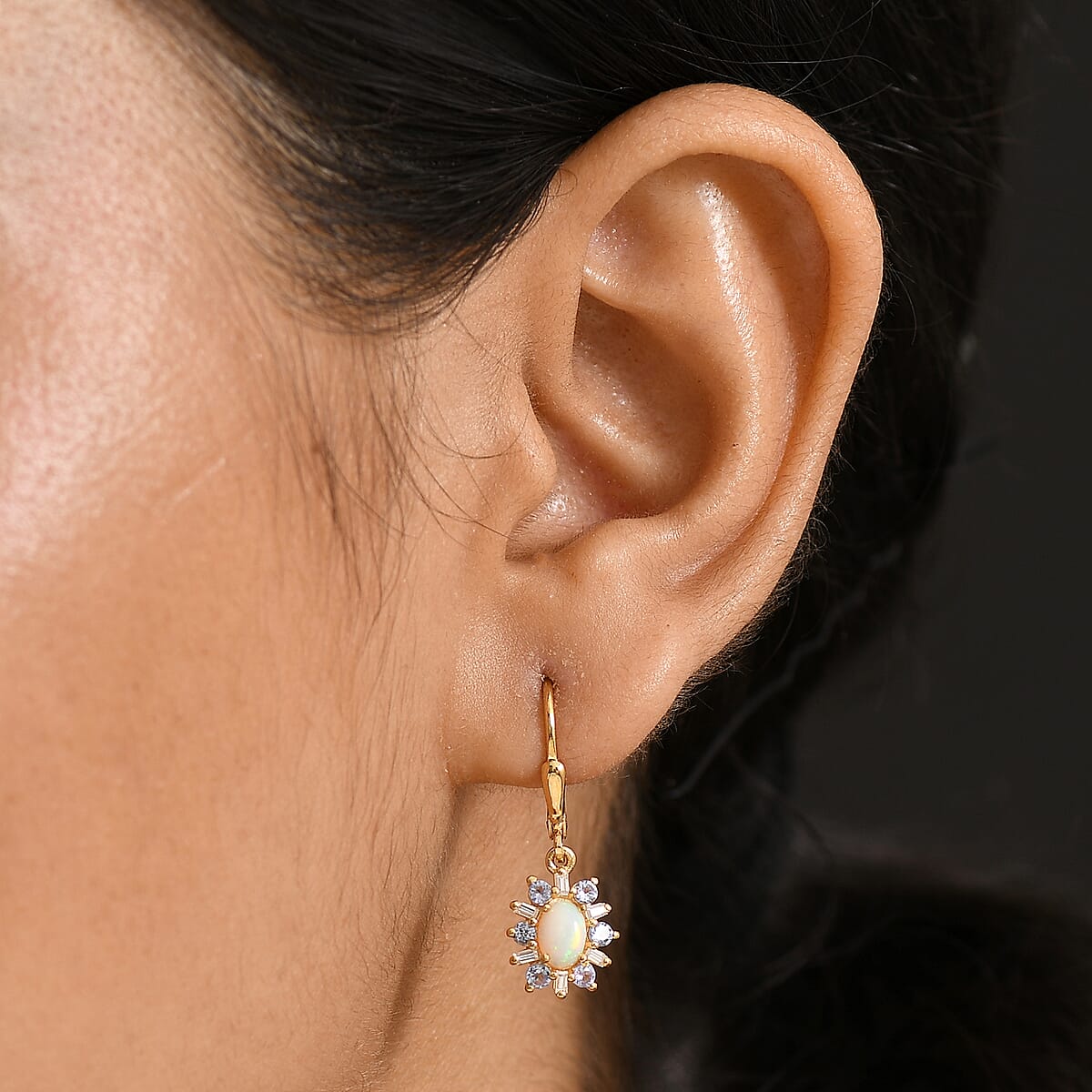 D'Joy Premium Ethiopian Welo Opal and Multi Gemstone 1.60 ctw Sunburst Lever Back Earrings in 18K Vermeil Yellow Gold Over Sterling Silver image number 2