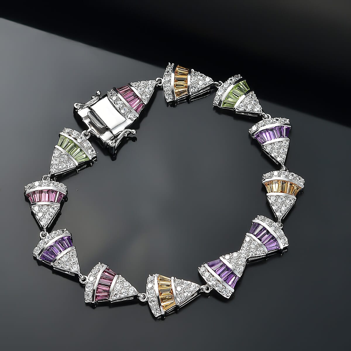 GP Royal Art Deco Collection Premium Orissa Rhodolite Garnet and Multi Gemstones 11.65 ctw Bracelet in Rhodium Over Sterling Silver (8.00 In) image number 1