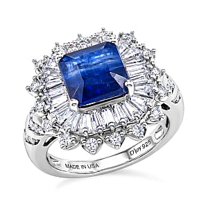 D'Joy Asscher Cut Premium Kashmir Kyanite and Moissanite 4.60 ctw Floral Halo Ring in Rhodium Over Sterling Silver (Size 10.0)