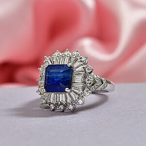 D'Joy Asscher Cut Premium Kashmir Kyanite and Moissanite 4.60 ctw Floral Halo Ring in Rhodium Over Sterling Silver (Size 10.0)