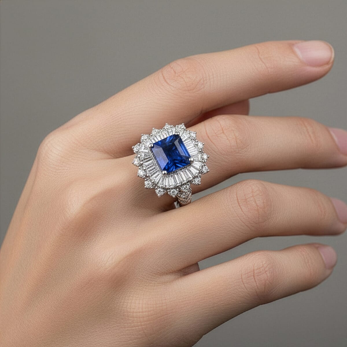 D'Joy Asscher Cut Premium Kashmir Kyanite and Moissanite 4.60 ctw Floral Halo Ring in Rhodium Over Sterling Silver (Size 10.0) image number 2