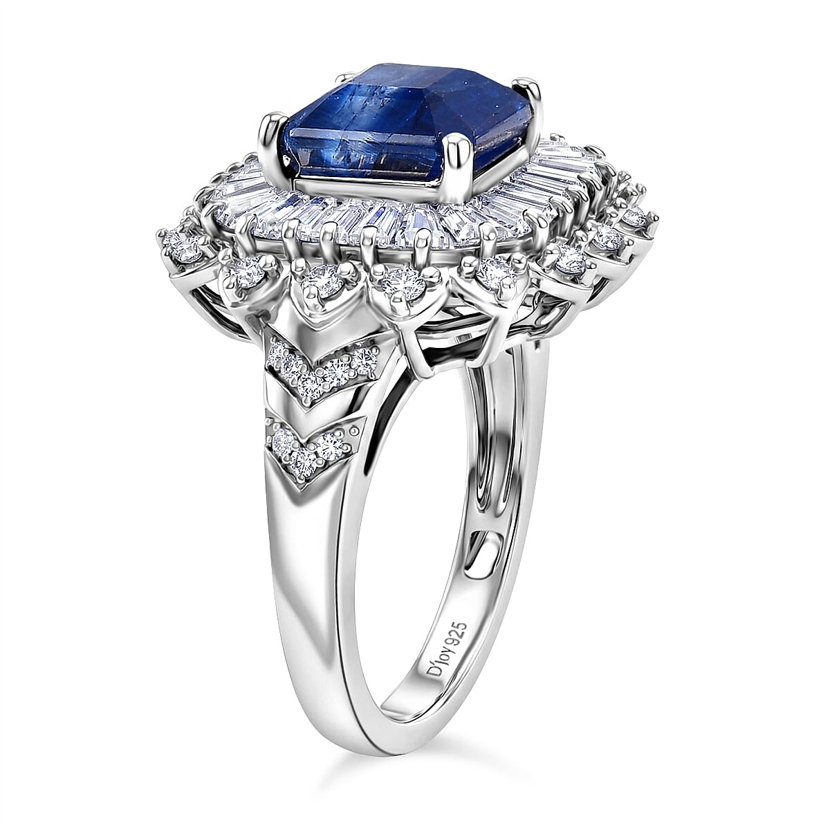 D'Joy Asscher Cut Premium Kashmir Kyanite and Moissanite 4.60 ctw Floral Halo Ring in Rhodium Over Sterling Silver (Size 10.0) image number 3