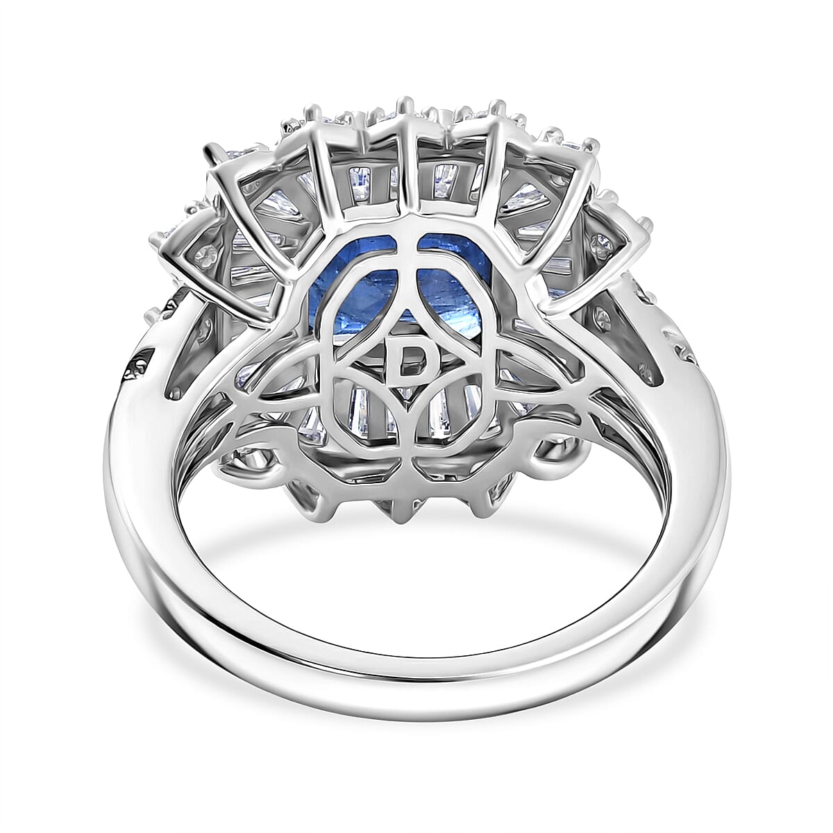 D'Joy Asscher Cut Premium Kashmir Kyanite and Moissanite 4.60 ctw Floral Halo Ring in Rhodium Over Sterling Silver (Size 10.0) image number 4
