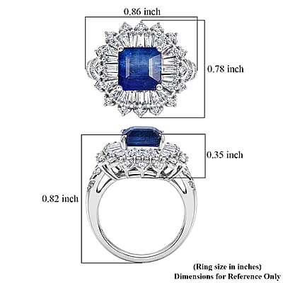 D'Joy Asscher Cut Premium Kashmir Kyanite, Moissanite 4.60 ctw Floral Halo Ring in Rhodium Over Sterling Silver (Size 7.0)
