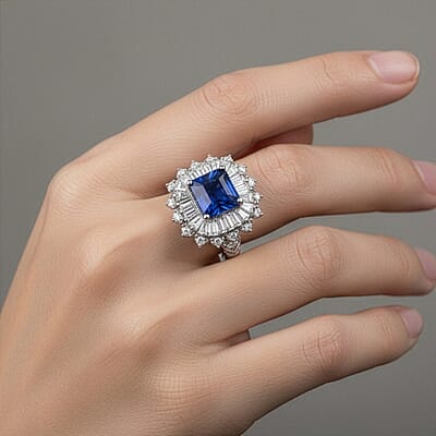 D'Joy Asscher Cut Premium Kashmir Kyanite and Moissanite 4.60 ctw Floral Halo Ring in Rhodium Over Sterling Silver (Size 8.0)