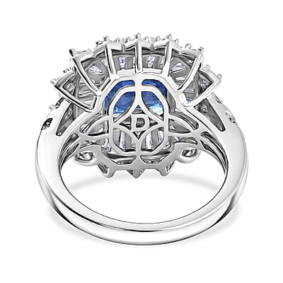 D'Joy Asscher Cut Premium Kashmir Kyanite and Moissanite 4.60 ctw Floral Halo Ring in Rhodium Over Sterling Silver (Size 8.0)