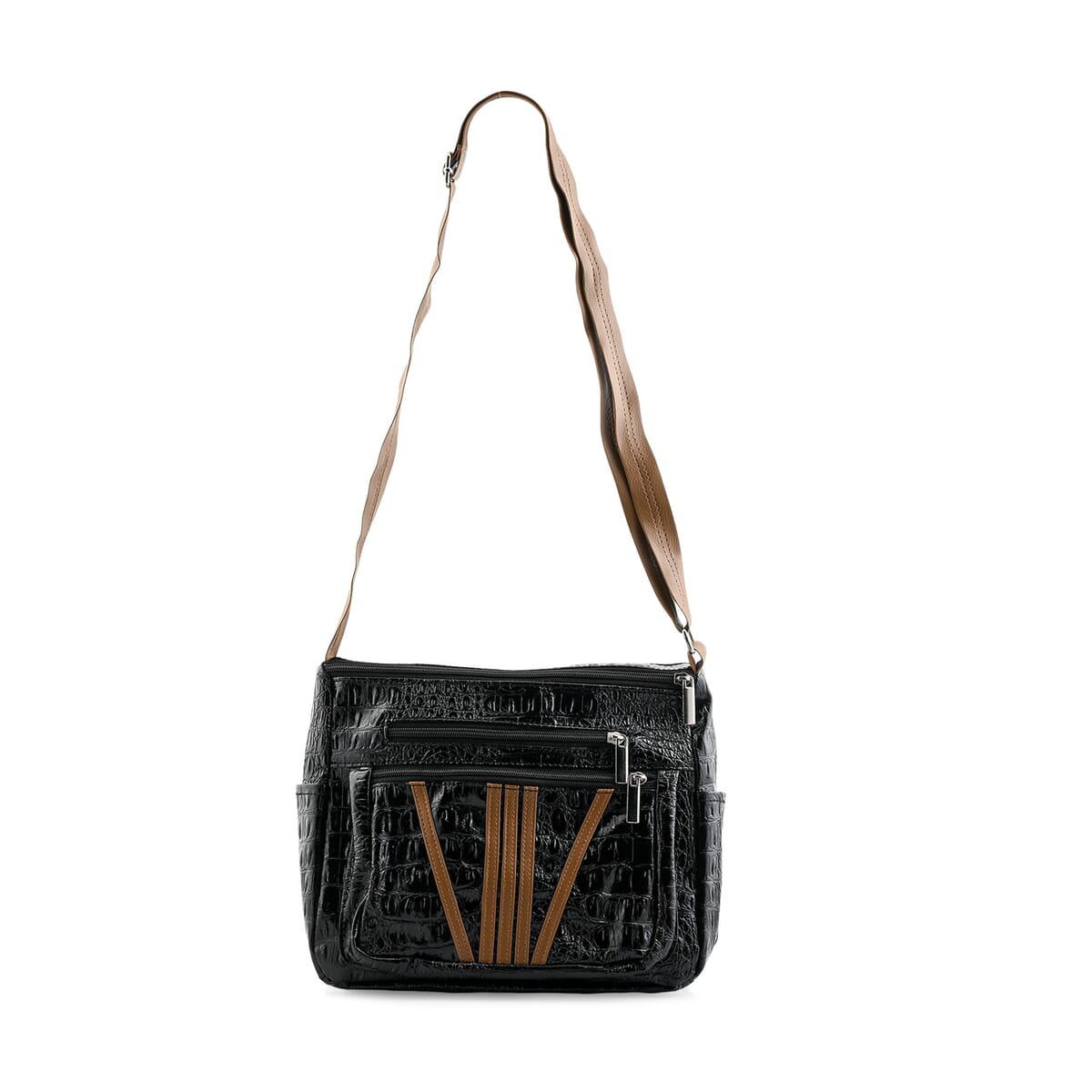Black Crocodile Embossed Faux Leather Shoulder Bag with Adjustable Strap - One Size image number 0