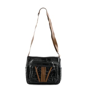 Black Crocodile Embossed Faux Leather Shoulder Bag with Adjustable Strap - One Size