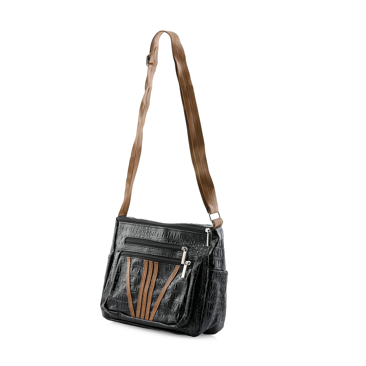 Black Crocodile Embossed Faux Leather Shoulder Bag with Adjustable Strap - One Size image number 1