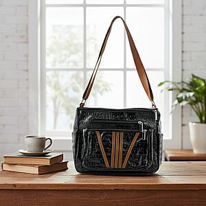 Black Crocodile Embossed Faux Leather Shoulder Bag with Adjustable Strap