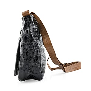 Black Crocodile Embossed Faux Leather Shoulder Bag with Adjustable Strap