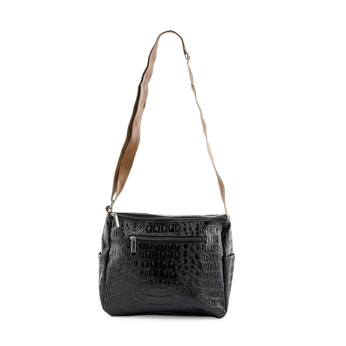 Black Crocodile Embossed Faux Leather Shoulder Bag with Adjustable Strap - One Size image number 3