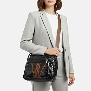 Black Crocodile Embossed Faux Leather Shoulder Bag with Adjustable Strap