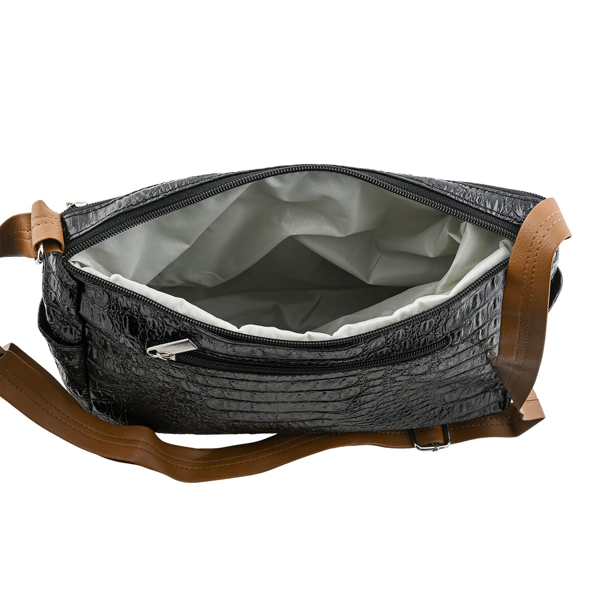Black Crocodile Embossed Faux Leather Shoulder Bag with Adjustable Strap - One Size image number 4