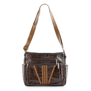 Tan Crocodile Embossed Faux Leather Shoulder Bag with Adjustable Strap - One Size