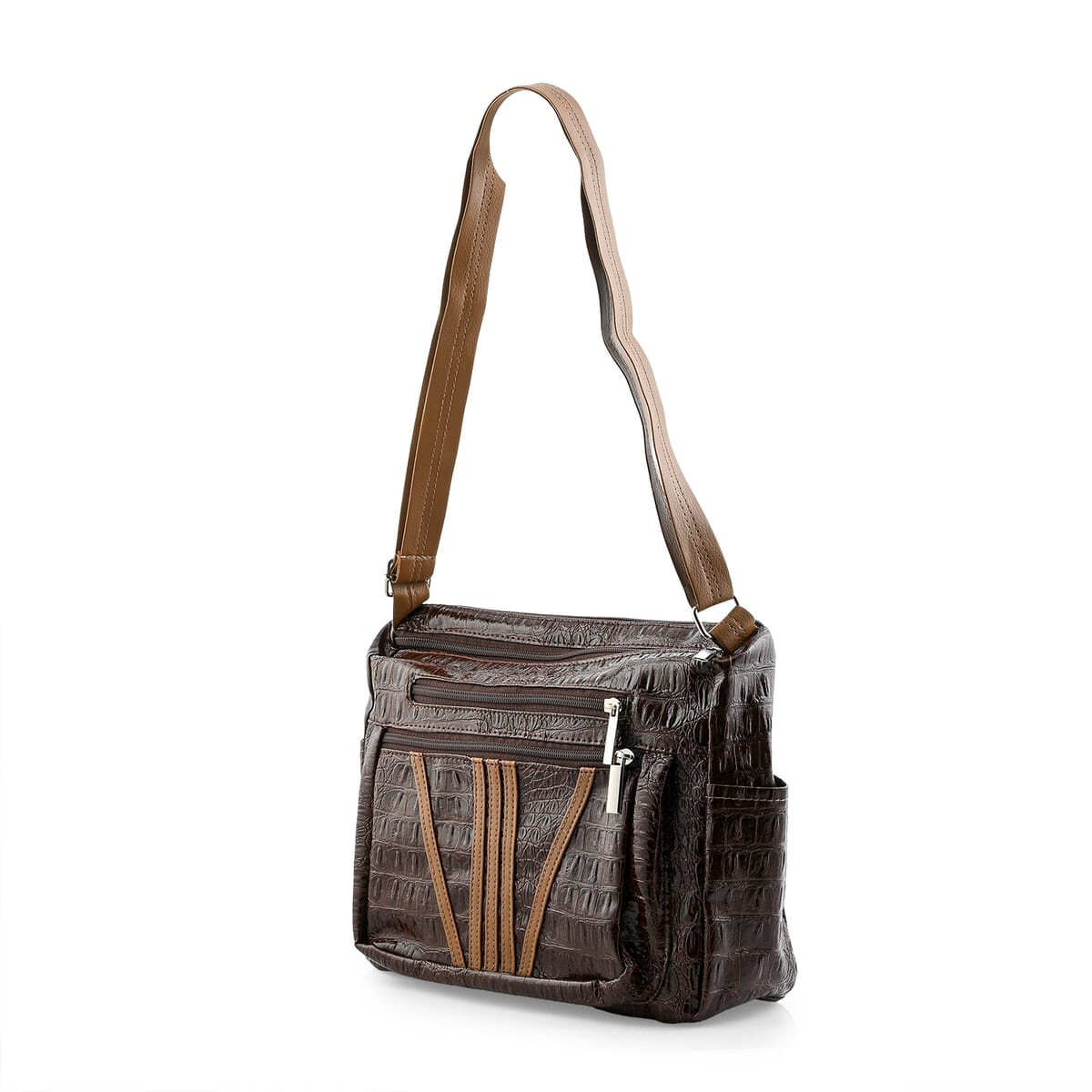 Tan Crocodile Embossed Faux Leather Shoulder Bag with Adjustable Strap - One Size image number 1