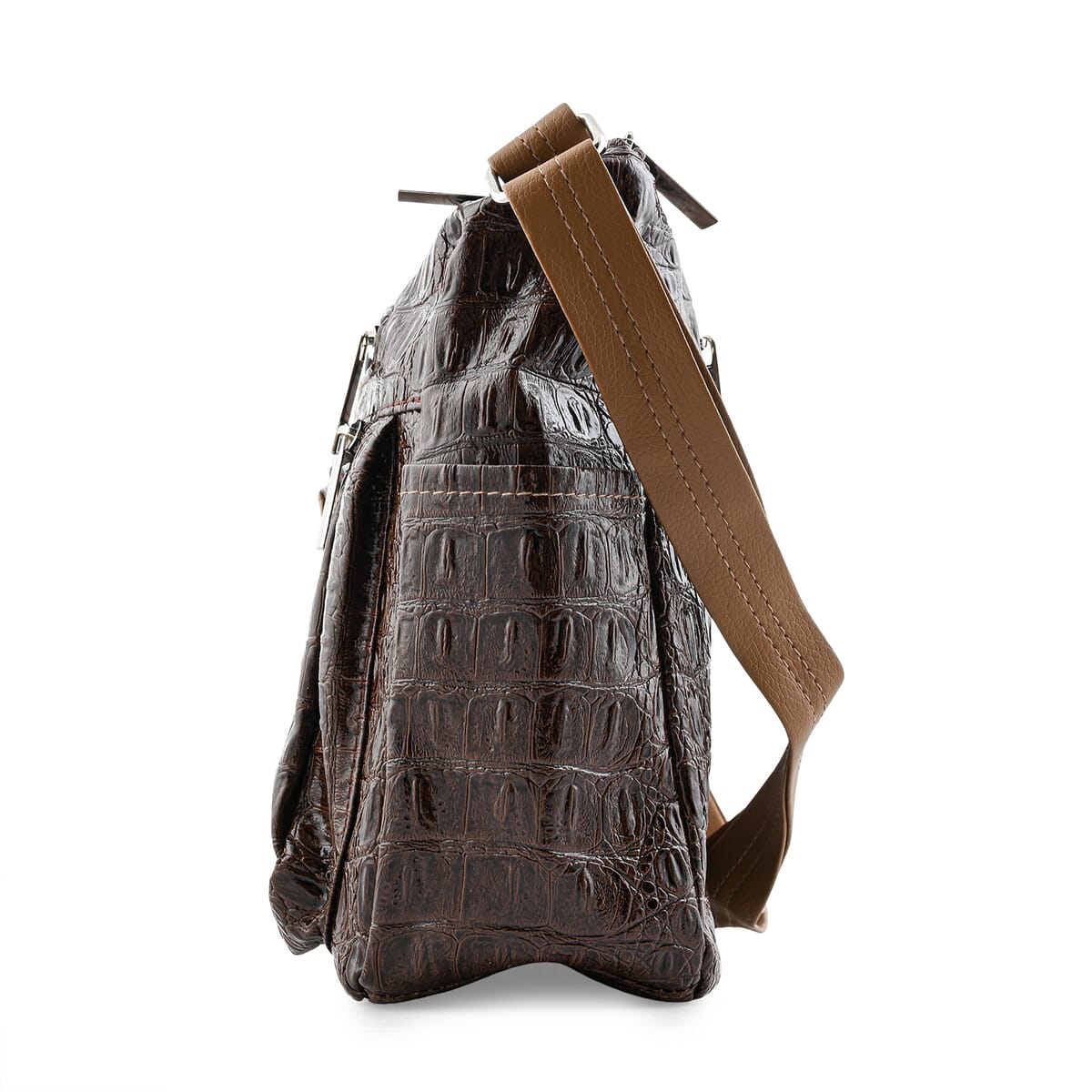 Tan Crocodile Embossed Faux Leather Shoulder Bag with Adjustable Strap - One Size image number 2