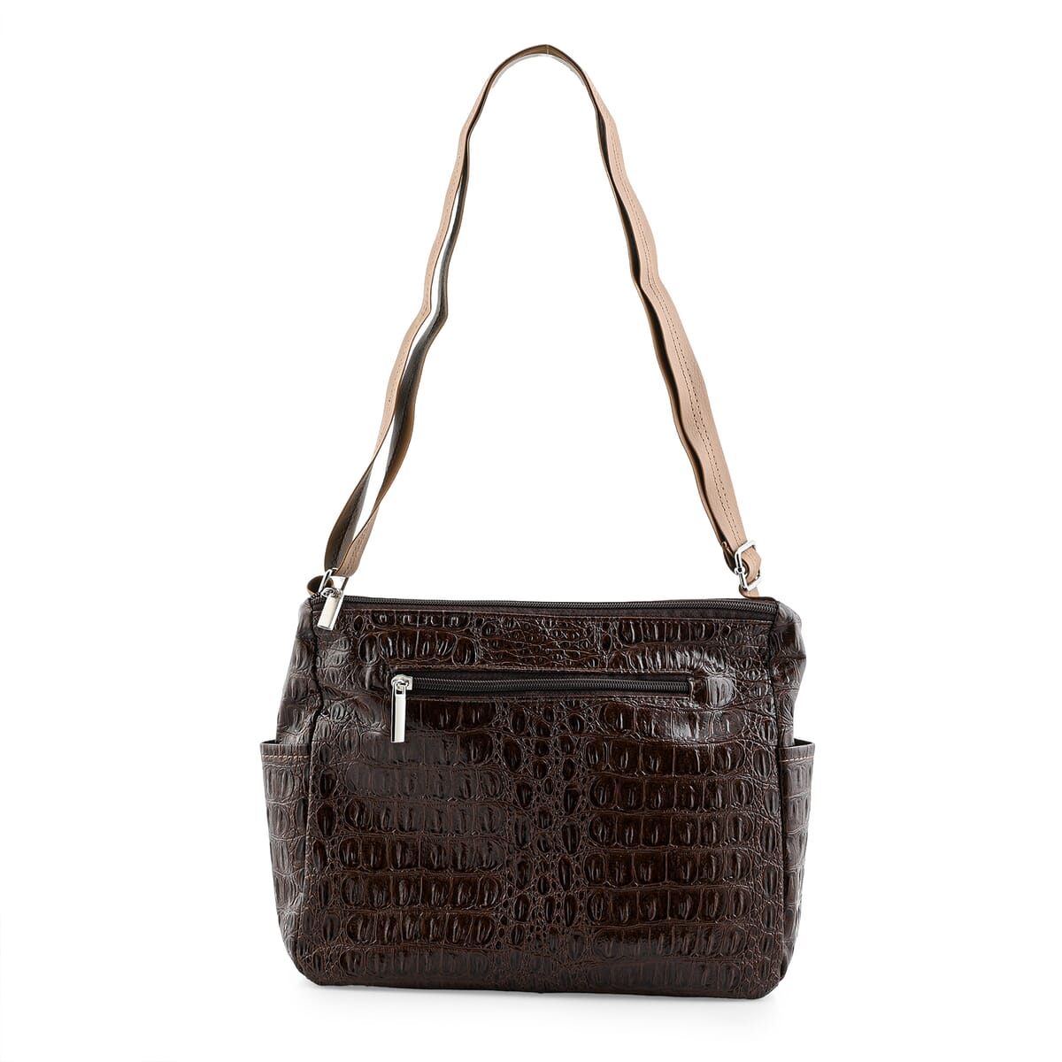 Tan Crocodile Embossed Faux Leather Shoulder Bag with Adjustable Strap - One Size image number 3