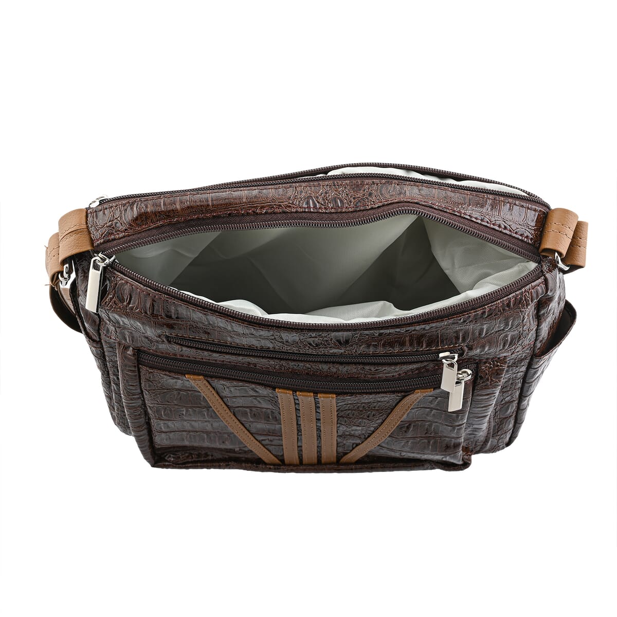Tan Crocodile Embossed Faux Leather Shoulder Bag with Adjustable Strap - One Size image number 4