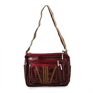 Dark Red Crocodile Embossed Faux Leather Shoulder Bag with Adjustable Strap