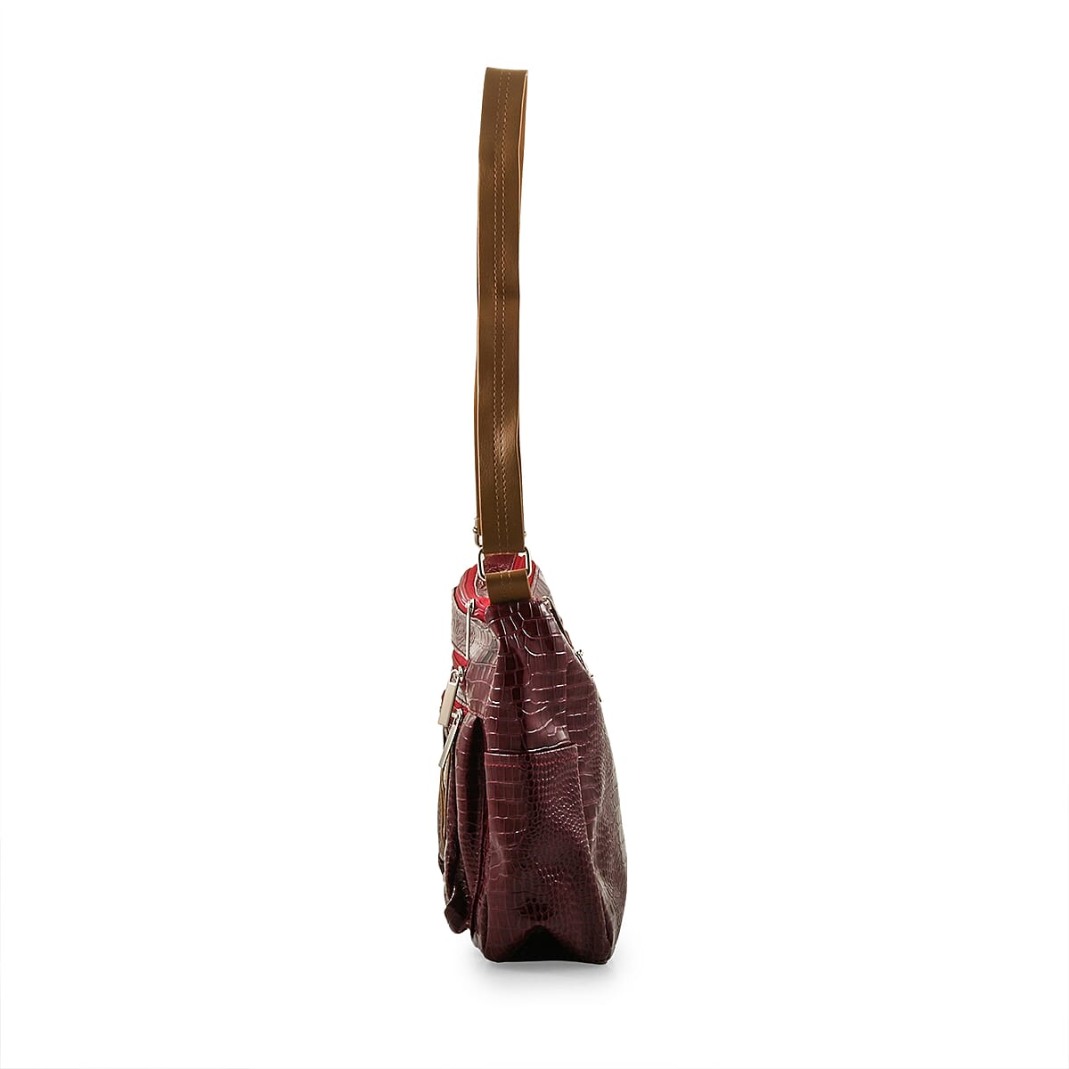 Dark Red Crocodile Embossed Faux Leather Shoulder Bag with Adjustable Strap image number 1