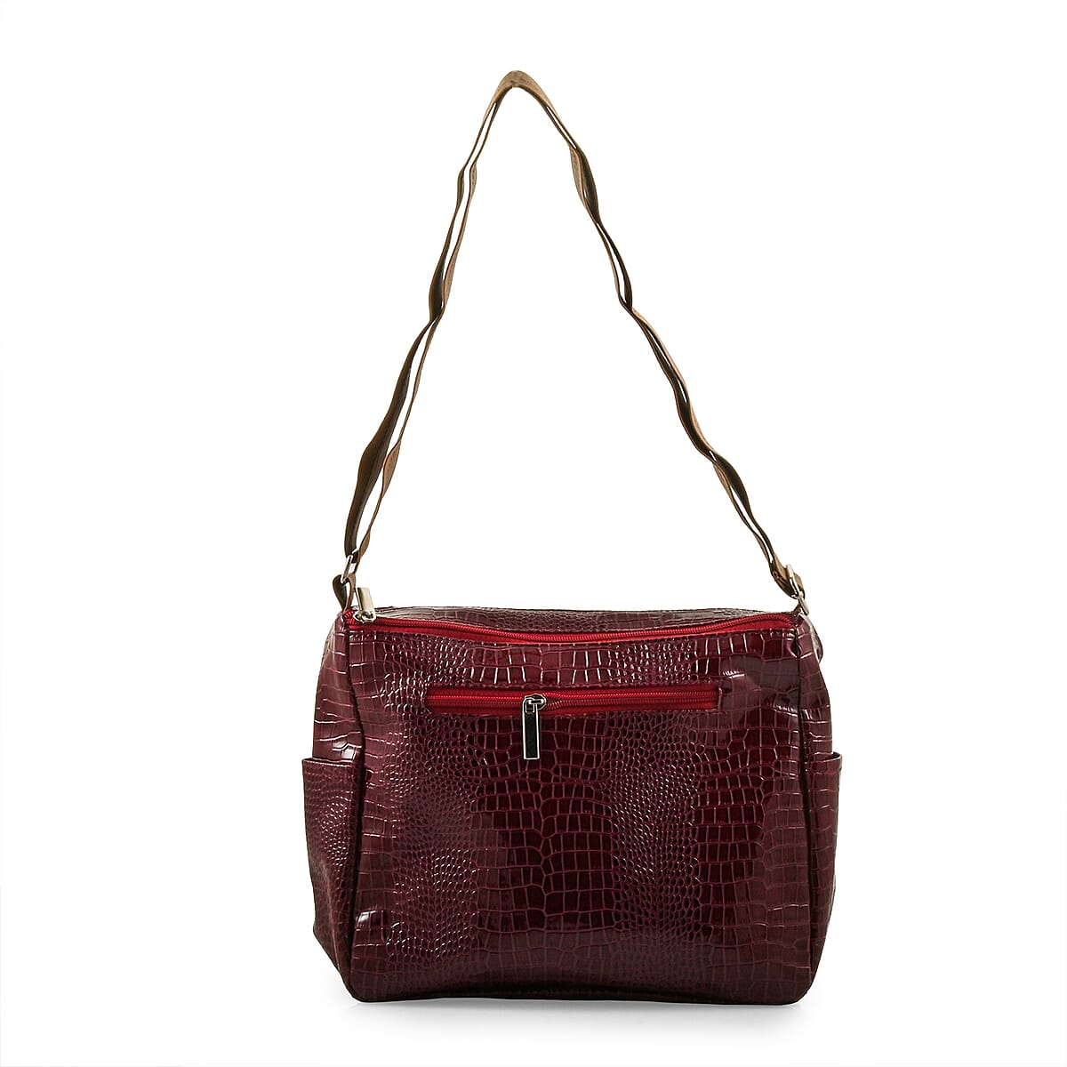 Dark Red Crocodile Embossed Faux Leather Shoulder Bag with Adjustable Strap image number 2