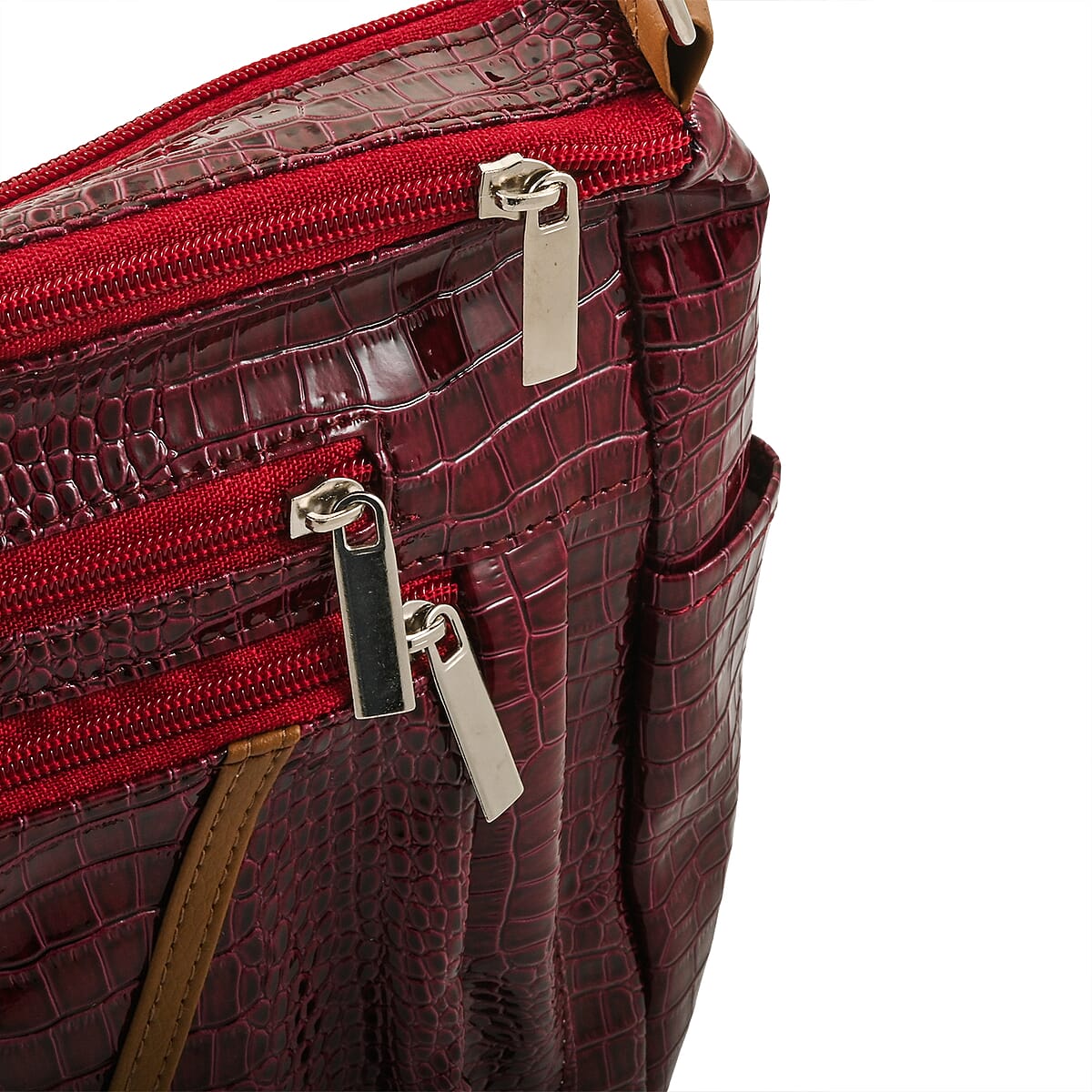 Dark Red Crocodile Embossed Faux Leather Shoulder Bag with Adjustable Strap image number 3