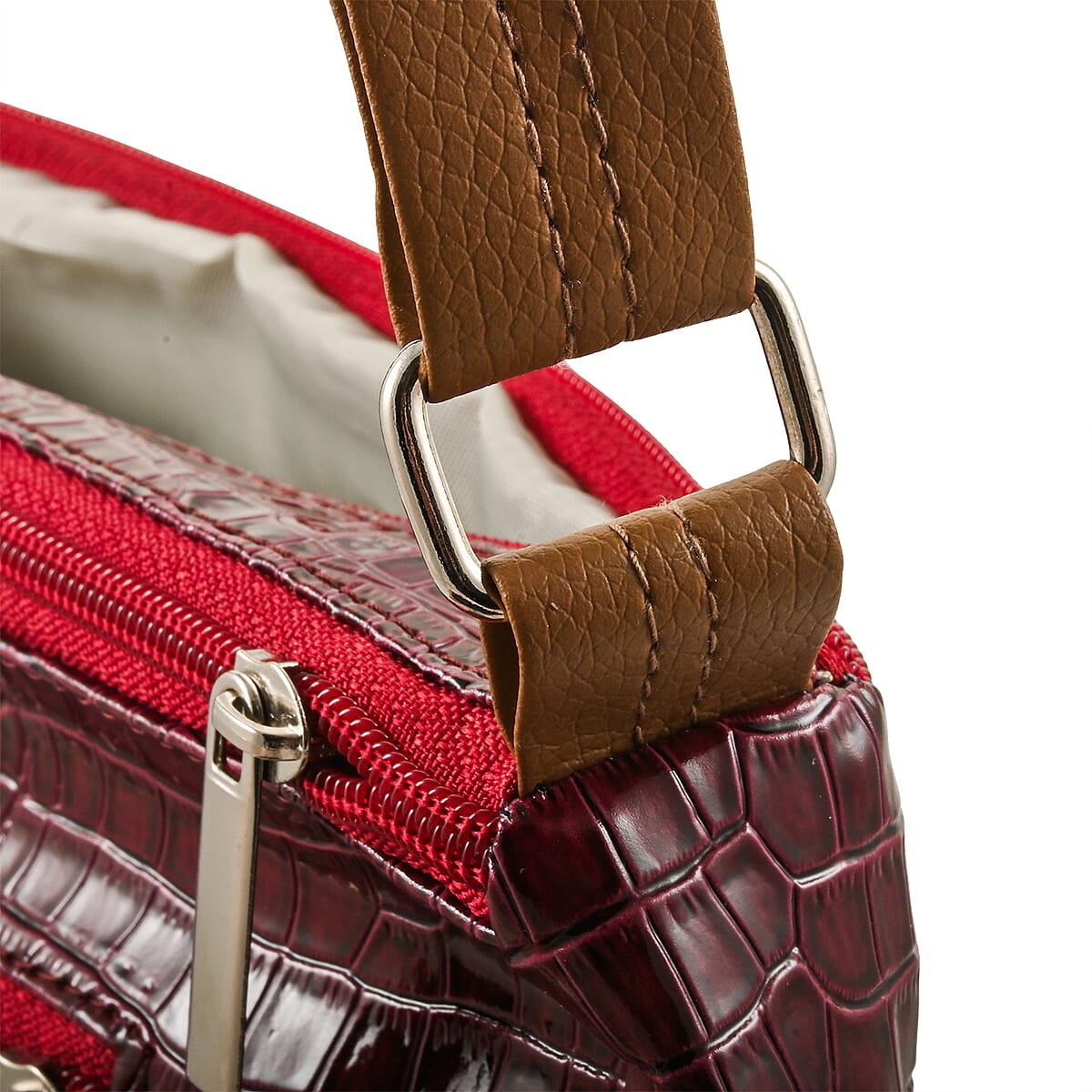 Dark Red Crocodile Embossed Faux Leather Shoulder Bag with Adjustable Strap image number 4