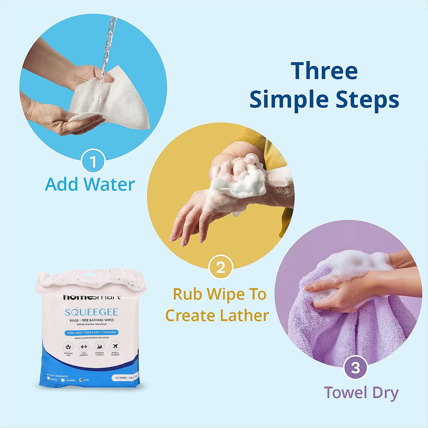 Homesmart Squeegee Rinse-Free Bathing Wipes- Nature (25 Wipes)