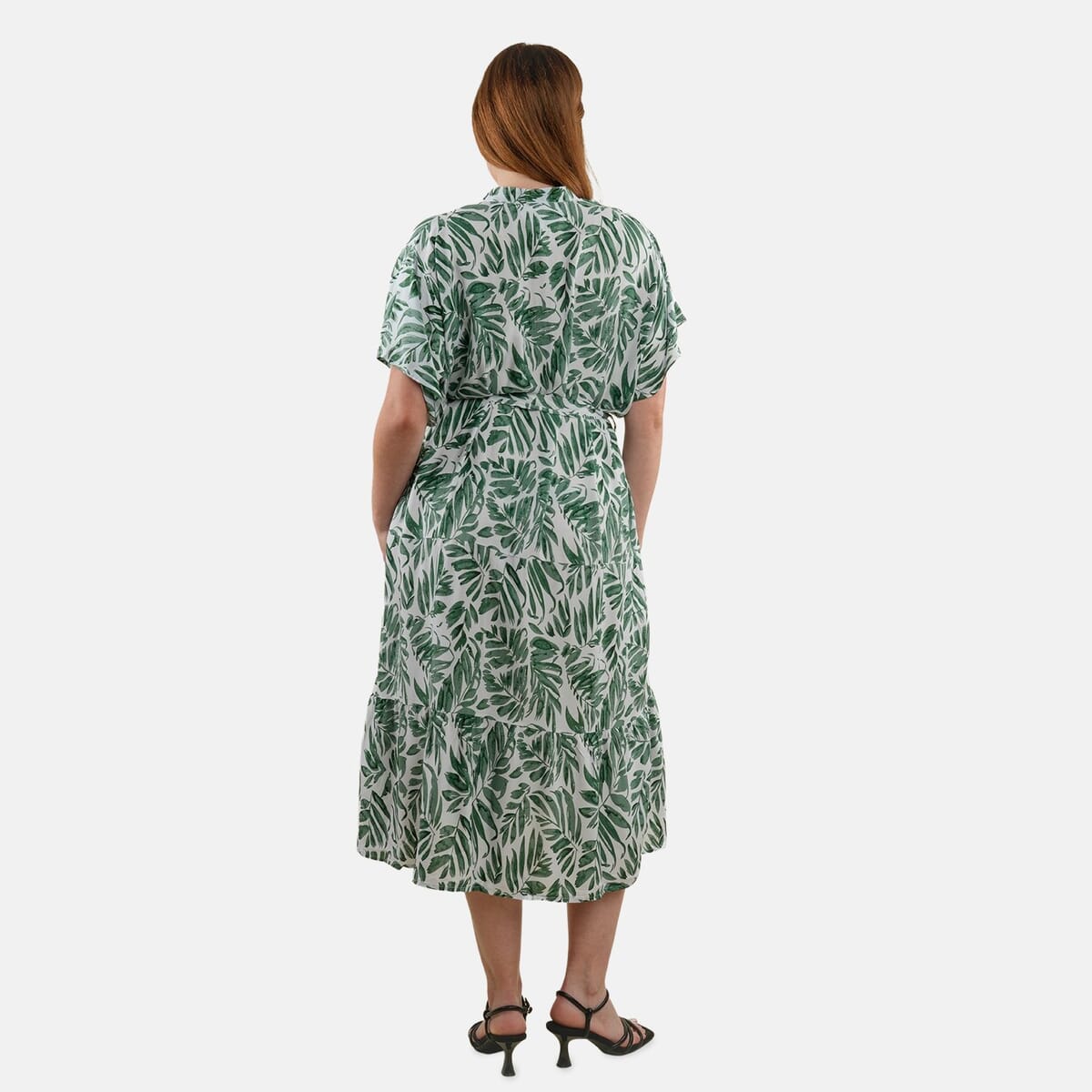 TAMSY Palm Leaf Stand Collar Dress with Waist Tie - One Size Fits Most image number 1