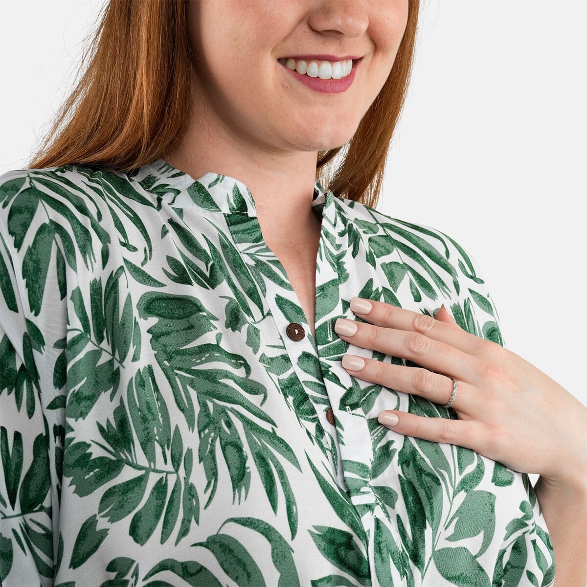 TAMSY Palm Leaf Stand Collar Dress with Waist Tie - One Size Fits Most image number 3