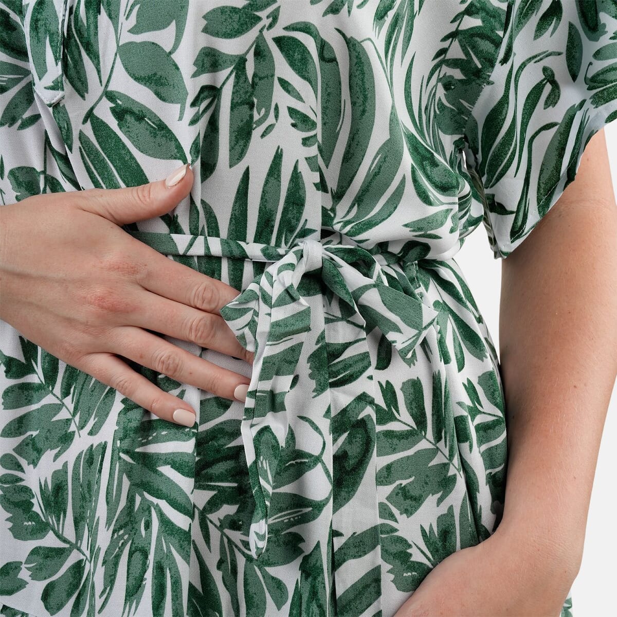 TAMSY Palm Leaf Stand Collar Dress with Waist Tie - One Size Fits Most image number 4