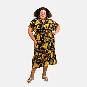 Tamsy Dandelion Front Placket Shirt Dress with Fabric Waist Tie - One Size Fits Most