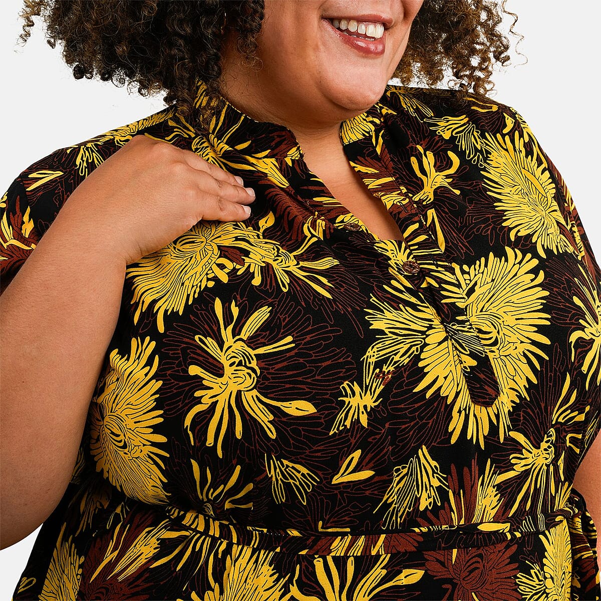 Tamsy Dandelion Front Placket Shirt Dress with Fabric Waist Tie - One Size Fits Most image number 3
