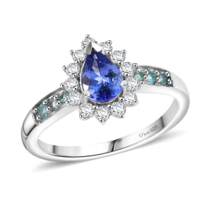 D'Joy Premium Tanzanite, AAA Paraiba Tourmaline and Diamond 1.15 ctw Celestial Bloom Ring in Rhodium Over Sterling Silver (Size 6.0)