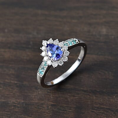 D'Joy Premium Tanzanite, AAA Paraiba Tourmaline and Diamond 1.15 ctw Celestial Bloom Ring in Rhodium Over Sterling Silver (Size 6.0)