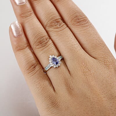 D'Joy Premium Tanzanite, AAA Paraiba Tourmaline and Diamond 1.15 ctw Celestial Bloom Ring in Rhodium Over Sterling Silver (Size 6.0)