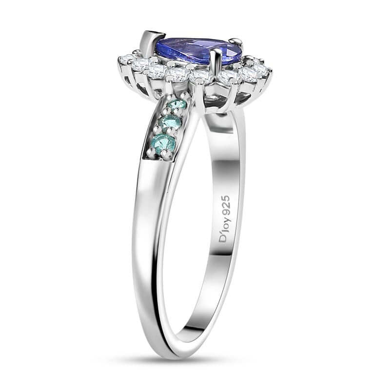 D'Joy Premium Tanzanite, AAA Paraiba Tourmaline and Diamond 1.15 ctw Celestial Bloom Ring in Rhodium Over Sterling Silver (Size 6.0)