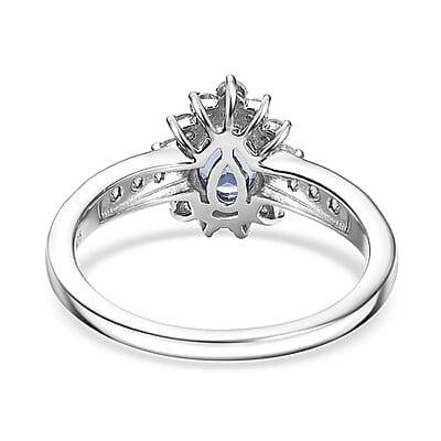 D'Joy Premium Tanzanite, AAA Paraiba Tourmaline and Diamond 1.15 ctw Celestial Bloom Ring in Rhodium Over Sterling Silver (Size 6.0)