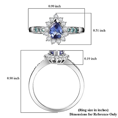 D'Joy Premium Tanzanite, AAA Paraiba Tourmaline and Diamond 1.15 ctw Celestial Bloom Ring in Rhodium Over Sterling Silver (Size 6.0)