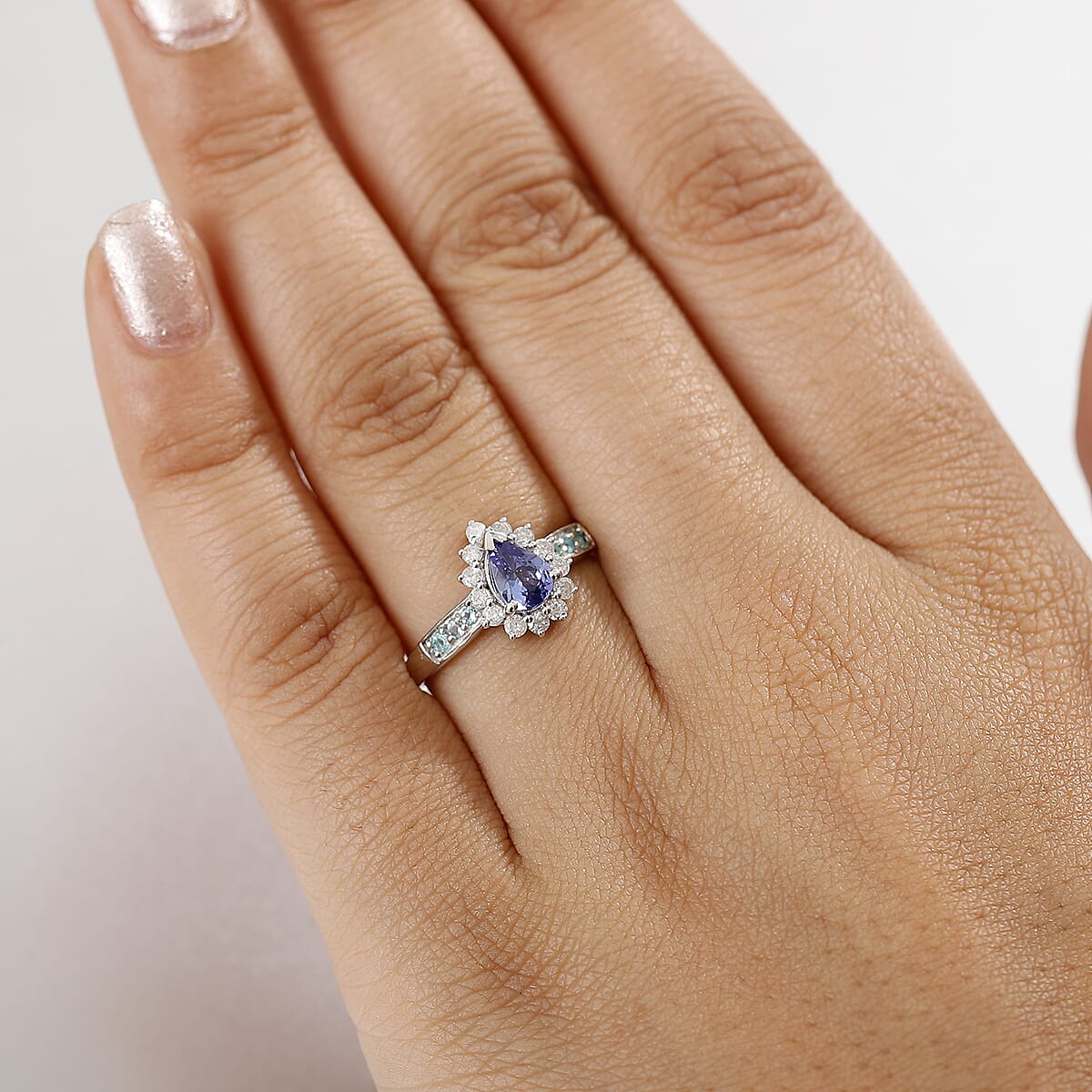 D'Joy Premium Tanzanite, AAA Paraiba Tourmaline and Diamond 1.15 ctw Celestial Bloom Ring in Rhodium Over Sterling Silver (Size 7.0) image number 2