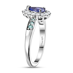 D'Joy Premium Tanzanite, AAA Paraiba Tourmaline and Diamond 1.15 ctw Celestial Bloom Ring in Rhodium Over Sterling Silver (Size 7.0)